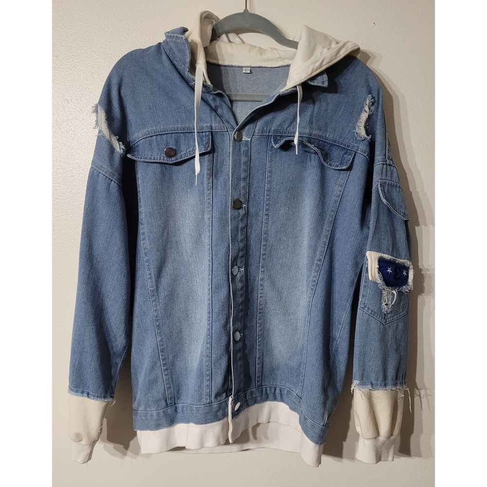 Anime Blue Denim Jacket with White Hoodie Size Large